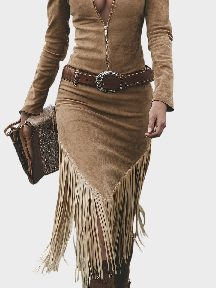 Olga™ | Vestido midi retro con flecos y cierre