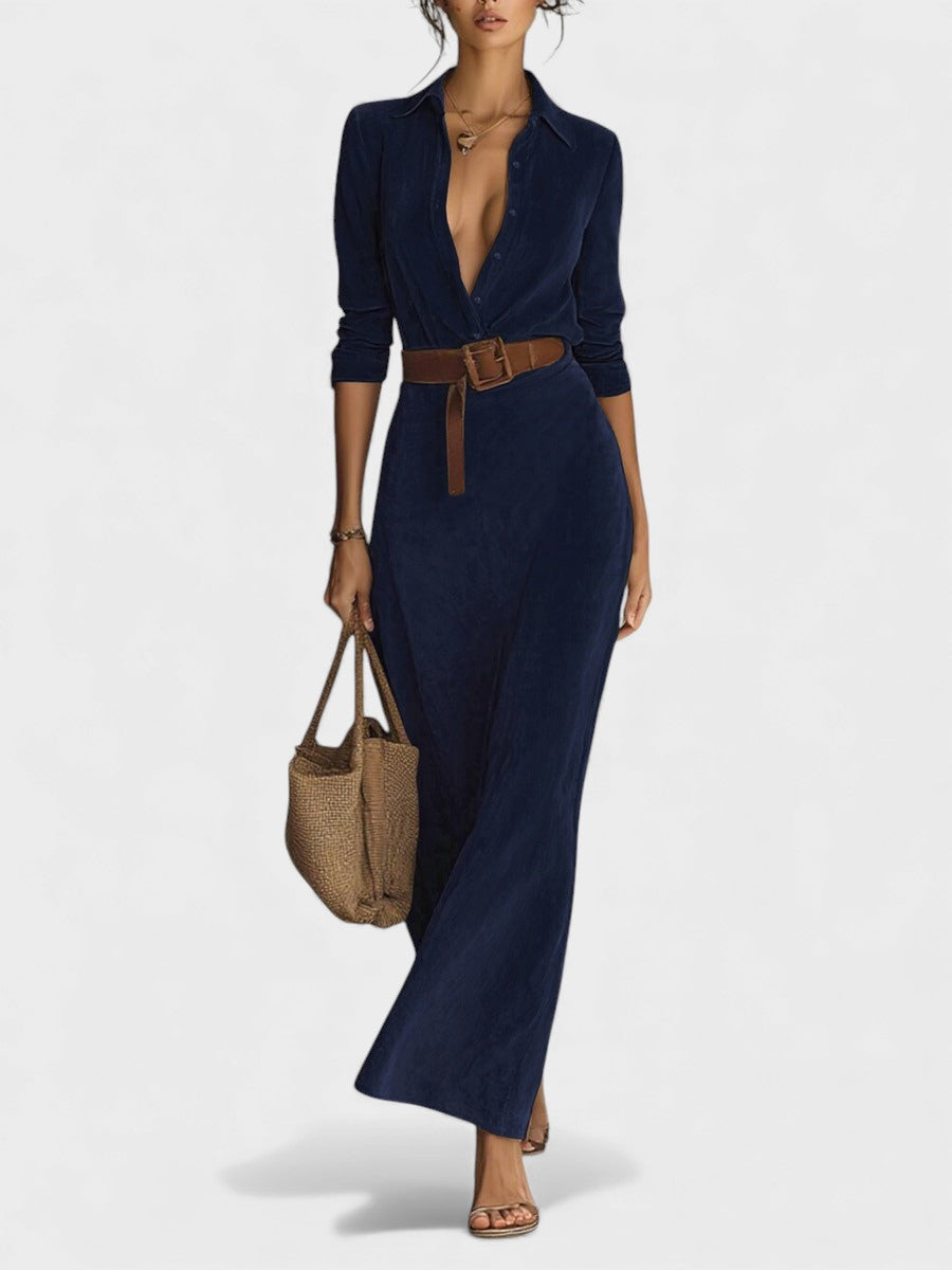 Mónica™ | Vestido largo de gamuza con cinturón ajustado