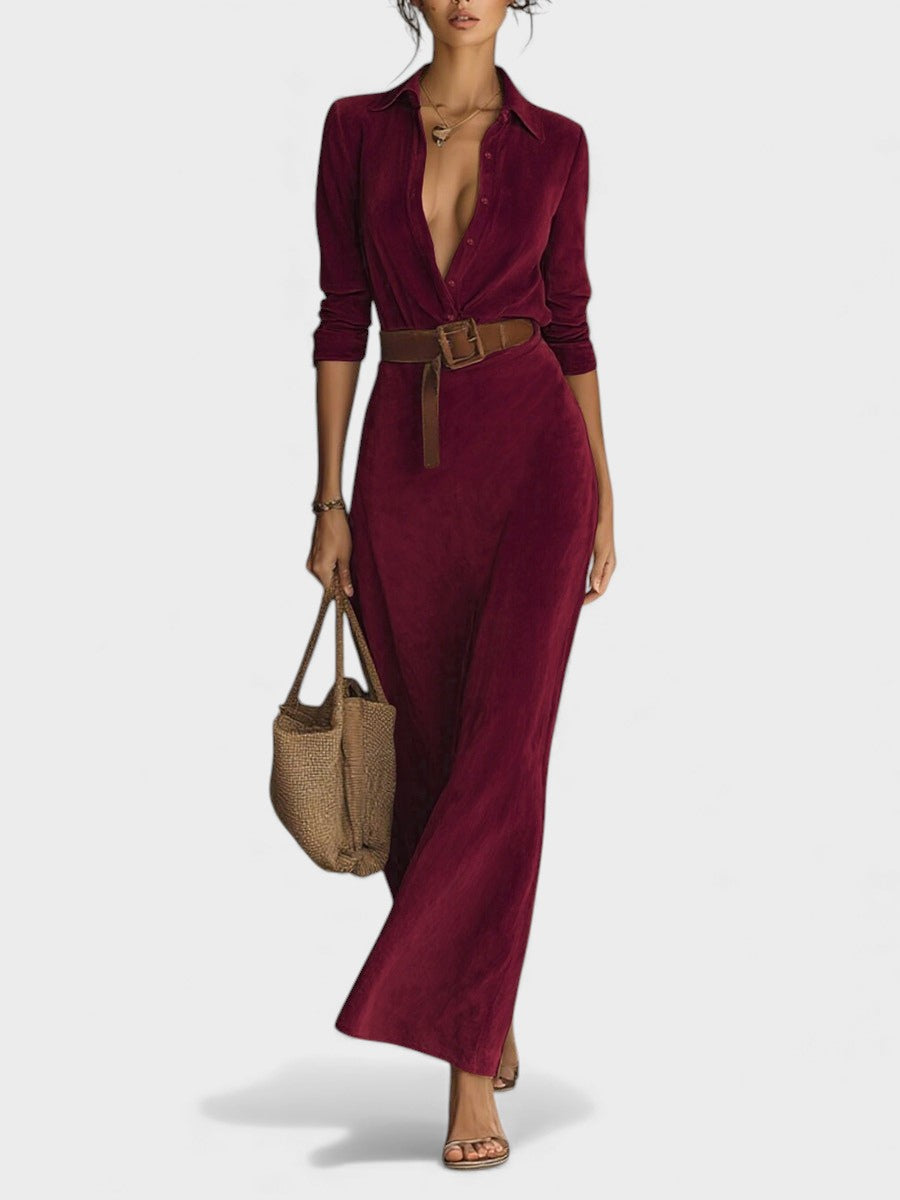 Mónica™ | Vestido largo de gamuza con cinturón ajustado