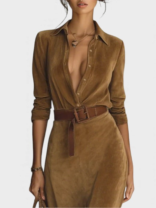 Mónica™ | Vestido largo de gamuza con cinturón ajustado