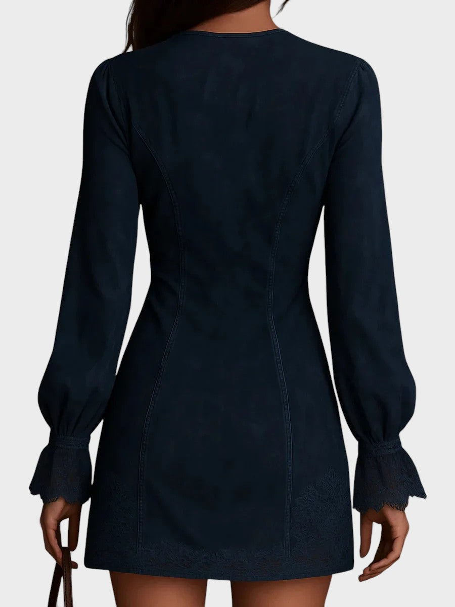 Estela™ | Vestido corto de ante azul con encaje